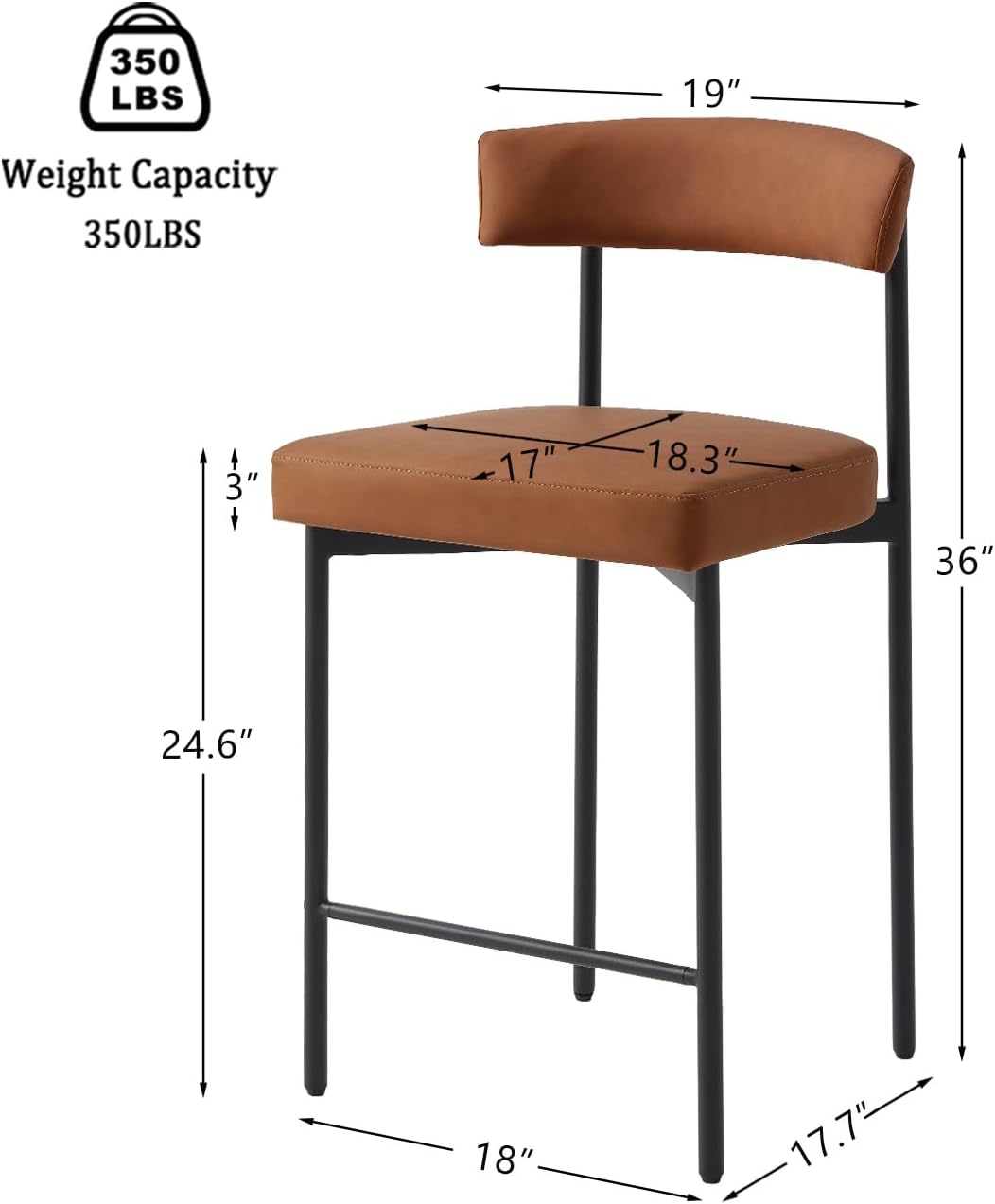 GrandNoor Brown Modern Bar Stools Set of 3, 24 Inch Faux Leather Counter Stools with Curved Backrest, Counter Height Bar Stool for Kitchen Island