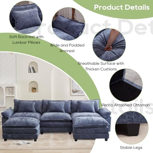 Oprisen 120" Modular Sectional Sofa, Comfy Deep Cloud Couch with Ottoman | U-Shaped Couches for Living Room, Modular Couch, Deep and Wide Seat, Chenille Sofa Sleeper with Throw Pillows, Blue