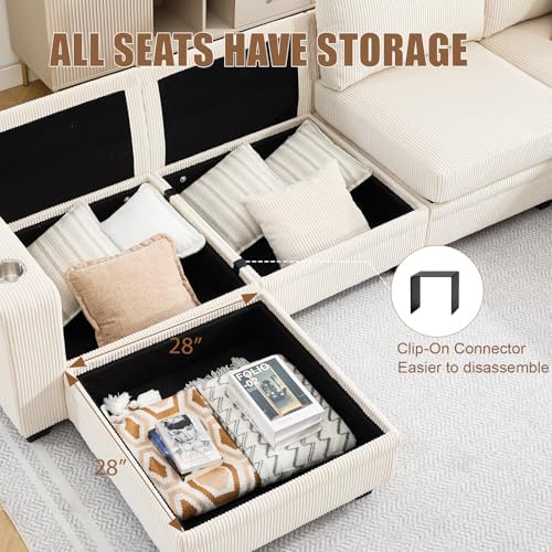 97" Modular Sectional Couch with Storage, Corduroy 3-Seater L Shaped Sofa with Ottoman Chaise, Removable Sofa Cover, Cloud Modular Sofas for Living Room, Apartment