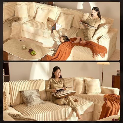 GOSUHI 139" U-Shaped Cloud Couch, Modular Sectional, Deep Seats, White | Pocket Spring Cushions, Oversized 7-Seater, Left Facing Chaise, Corduroy Upholstery Couches for Living Room