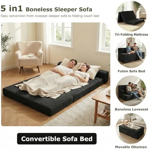 5-in-1 Convertible Sofa Bed, Couch Loveseat with Removable Cushions & Washable Cover, Futon Sofa Bed with Handle, Pull Out Couch for Small Spaces, Queen Size, Black