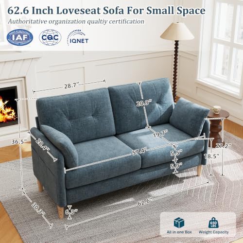 Hanherry Loveseat Sofa, 62.6" Small Couch for Living Room, Comfy Chenille Fabric Love Seat for Bedroom with Throw Pillow,Removable Cushion Cover,Couches for Small Space,Apartment,Dorm