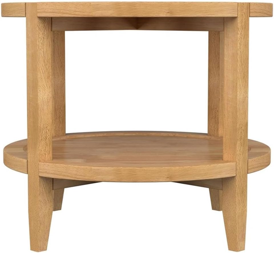 Pemberly Row Round Solid Wood End Table, 23.5 in Wide, Maple Brown Finish, Asian Hardwood Construction, Lower Shelf, Modern Farmhouse Style for Living Room or Bedroom Decor
