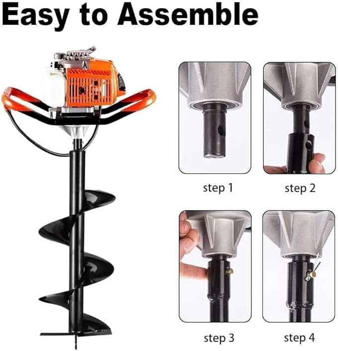 62cc Post Hole Digger 2-Stroke Petrol Gas Powered Earth Digger with 3 Extension Rods（8" 12" & 20"） + 4 Auger Drill Bits (4" 6" 8" & 12") for Farm Garden Plant