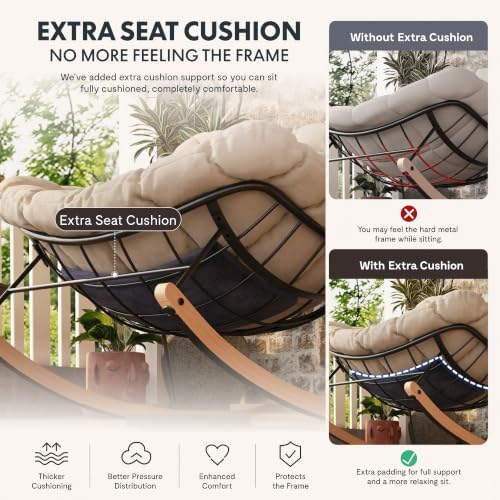 FLEXISPOT Oversized Outdoor Rocking Chair with Thick Cushion, Beige | Thick Cushioned Seat, Bonus Pillow, Modern Patio Papasan Rocker, Metal Frame Wood Base, For Porch Balcony Living Room