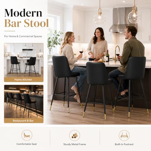 Bar Stools Set of 4,Counter Height Bar Stools with Back,Modern Faux Leather Kitchen Stools,27"Black Bar Stool with Stable Metal Leg,Armless Counter Height Chair for Kitchen Island Coffee Corner