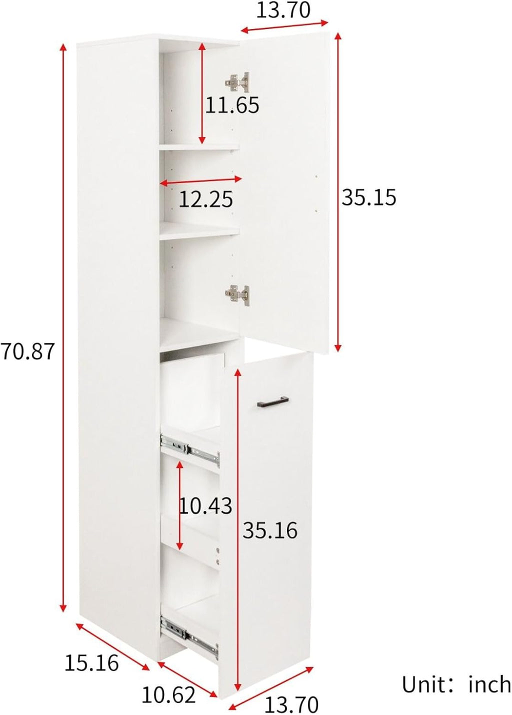 Kitchen Pantry Cabinet, 70.87" Tall Storage Cabinet with 3-Tier Pull-Out Shelves, Freestanding Cabinet with Door, 2 Adjustable Shelves, White Cupboard for Kitchen, Dining Room