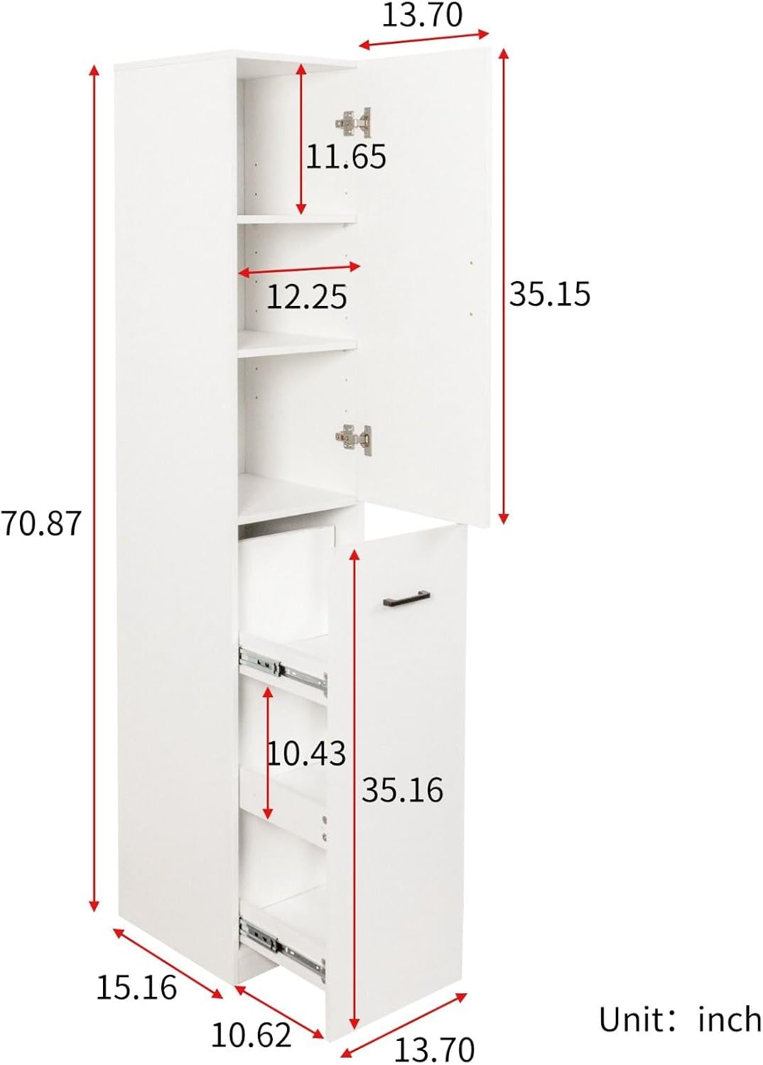 Kitchen Pantry Cabinet, 70.87" Tall Storage Cabinet with 3-Tier Pull-Out Shelves, Freestanding Cabinet with Door, 2 Adjustable Shelves, White Cupboard for Kitchen, Dining Room