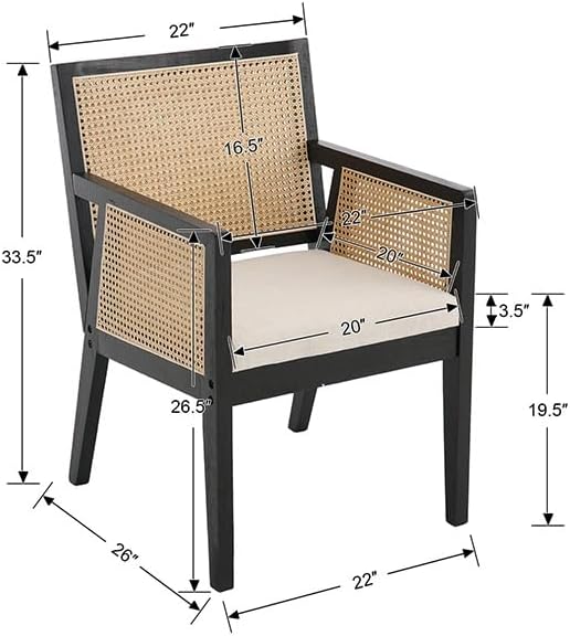 VESCASA Rattan Dining Chairs with Armrest, Padded Upholstered Linen Cream Cushion Dining Chairs with Wood Legs for Dining Room, Kitchen, Set of 2, Black Frame