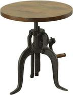 Carolina Chair & Table Adjustable Hand Crank 18" Wooden Top Rustic Side Table - Cast Iron Base Round Accent Table for Farmhouse, Living Room, or Bedroom (Harvest Oak/Industrial)