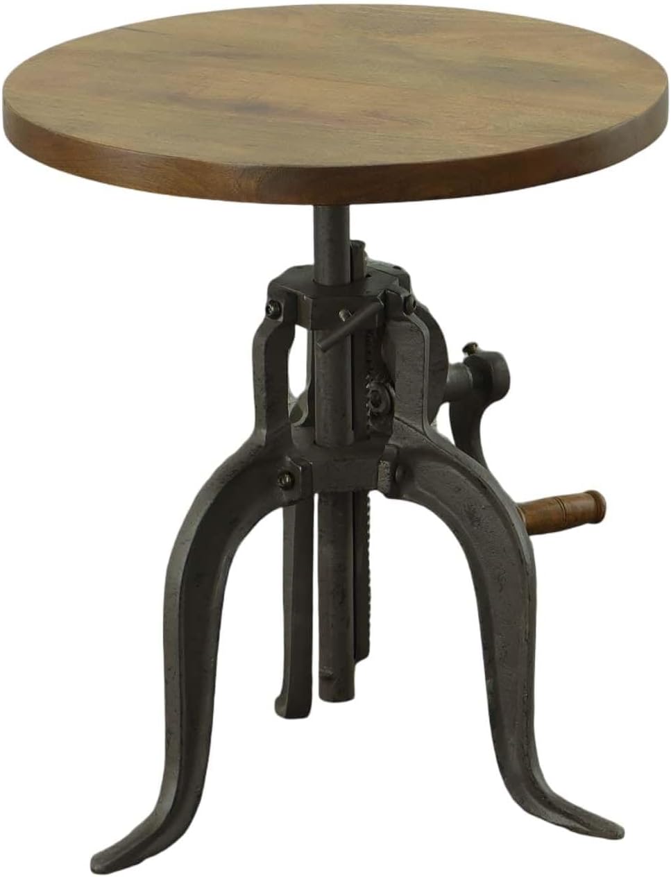 Carolina Chair & Table Adjustable Hand Crank 18" Wooden Top Rustic Side Table - Cast Iron Base Round Accent Table for Farmhouse, Living Room, or Bedroom (Harvest Oak/Industrial)
