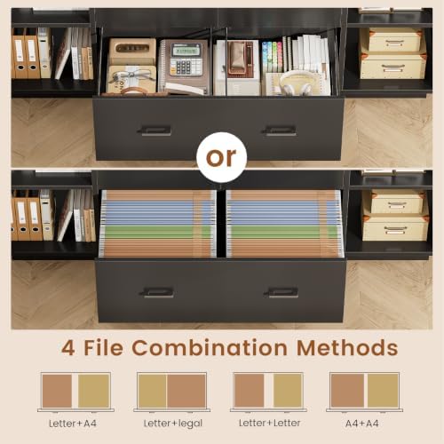 SEDETA 55" File Cabinet with Lock, Large 3 Drawers Filing Cabinets for Home Office, Lockable Printer Stand with Storage, Power Strip, LED Light & Pegboard, Black
