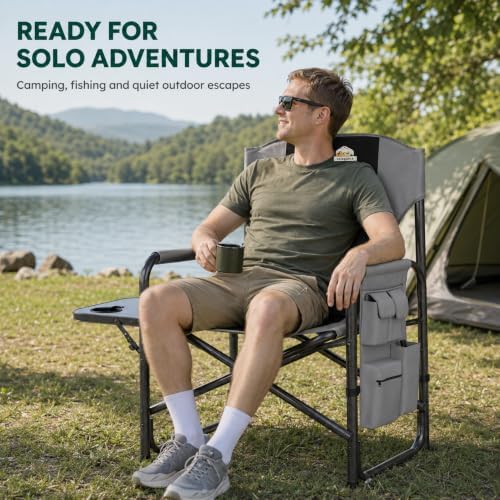 Colegence Oversized Directors Camping Chairs, 2 Pack, 600 lb, Black | Heavy duty outdoor chairs for adults, 28" wide seat, supportive back, side table, cup holder, detachable storage pocket