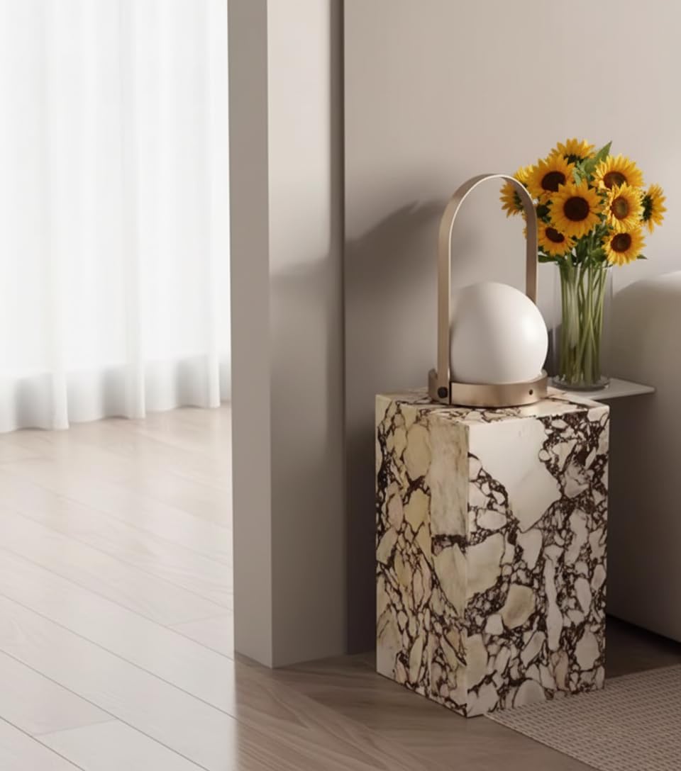 Natural Calacatta Viola Marble Side Table, 11.8" Square End Table for Living Room and Bedroom, Luxury Real Stone Nightstand, Heavy Duty Small Coffee Table, No Assembly Required, 19.6" Height