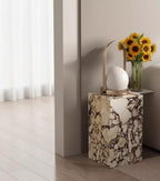 Natural Calacatta Viola Marble Side Table, 11.8" Square End Table for Living Room and Bedroom, Luxury Real Stone Nightstand, Heavy Duty Small Coffee Table, No Assembly Required, 19.6" Height