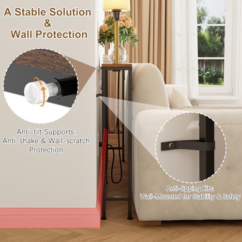 keomaisyto 63 Inch Narrow Console Table with 3-Color Adjustable Light and Charging Station, Sofa Table Behind Couch with 2 AC Outlets USB & Type-C Port, Extra Long Entryway Table, Rustic Brown