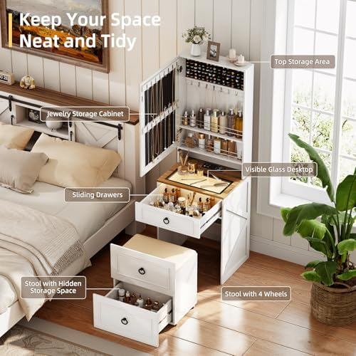 Small Vanity Desk with Mirror and Lights, Charging Station(White) | Makeup Vanity Desk Set with Glass Top & Jewelry Cabinet ,Compact Dressing Table with Storage Wheel Stool for Bedroom