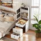 Small Vanity Desk with Mirror and Lights, Charging Station(White) | Makeup Vanity Desk Set with Glass Top & Jewelry Cabinet ,Compact Dressing Table with Storage Wheel Stool for Bedroom