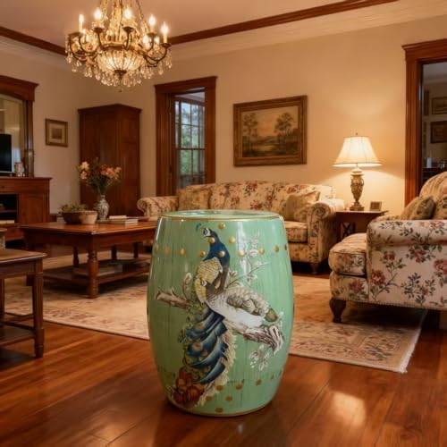 Hand-Painted Floral Bird Ceramic Drum Stool - Oriental Artistry Storage Ottoman, Accent Seat, End Table (Peacock‘s Majestic Bloom（Green）)