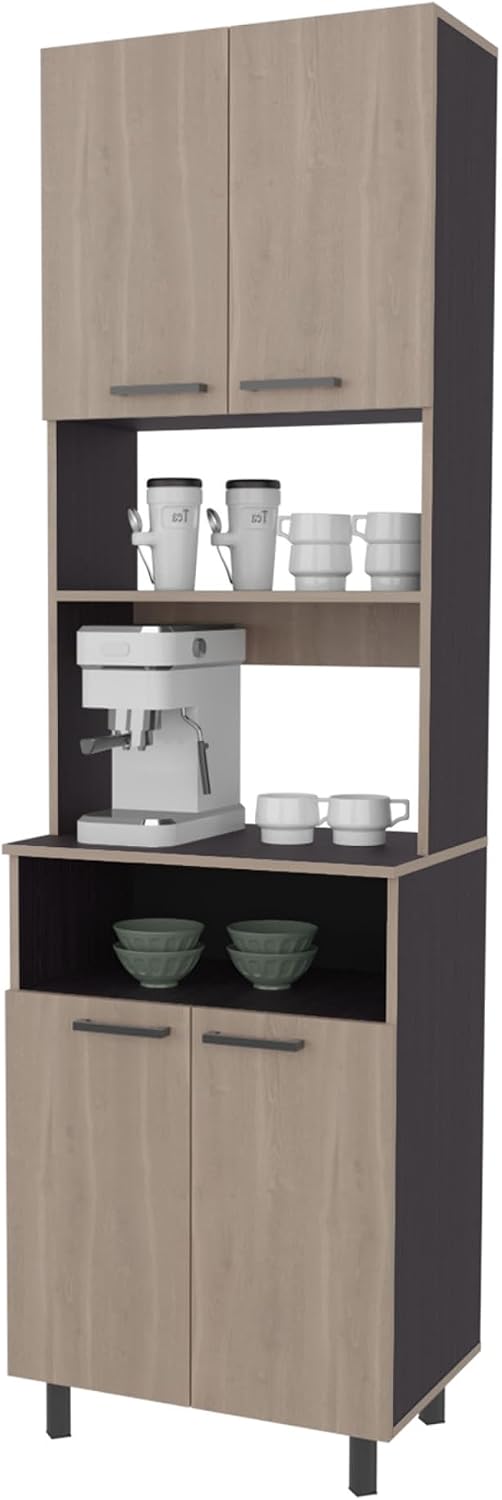 Bullhead City Kitchen Pantry with 4 Doors, White Oak and Wengue | Combines open shelves and closed cabinet in multi-color design