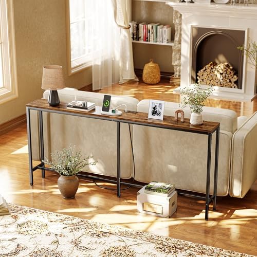 SUPERJARE 70 Inch Sofa Table with Outlet，Rustic Brown | 7.9 Inch Console Table with Charging Station,Narrow Entryway Table, Skinny Hallway Table, Behind Couch Table, for Living Room