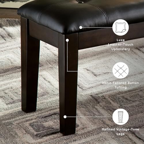 Signature Design by Ashley Haddigan 1-Piece Dining Bench, Faux Leather | Classic button tufted seat, Wood and engineered wood frame, 18.75 in seat height, 2-person capacity, Dark brown finish