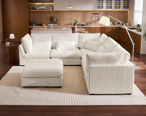 115" Oversize Corduroy Modular Sectional Sofa Couches for Living Room,White | Washable Couch with Fully Removable Cover, Cloud Couch Sectional, 5 Seater with Ottoman, Corner & V-Shaped