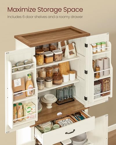 VASAGLE Pantry Cabinet, Freestanding Tall Cupboard with a Drawer | 15.8 x 31.5 x 70.3 Inches, 2 Cabinets, 4 Adjustable Shelves, Rustic White and Honey Brown, LIRY Collection UBBK364W01