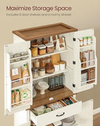VASAGLE Pantry Cabinet, Freestanding Tall Cupboard with a Drawer | 15.8 x 31.5 x 70.3 Inches, 2 Cabinets, 4 Adjustable Shelves, Rustic White and Honey Brown, LIRY Collection UBBK364W01
