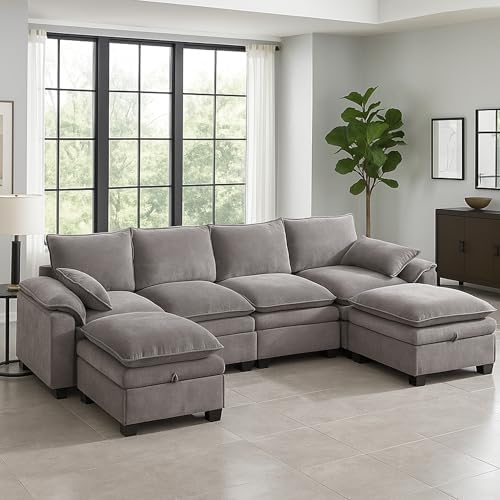 130" Modular Sectional Sofa with Storage, Premium Chenille Cloud Couch with Movable Ottomans, 1200lbs Heavy Duty Deep Seat Sectional, High-Density Foam (Light Gray, 4 Seater & 2 Ottoman)
