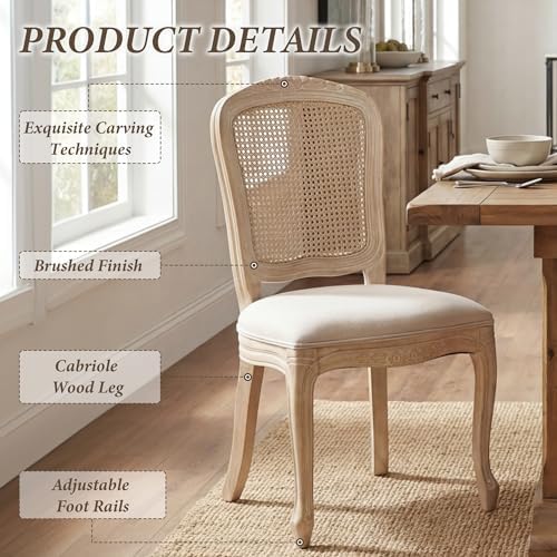 Wicker Dining Chairs Set of 4, Upholstered Linen Fabric Dining Room Chairs with Square High Rattan Back Farmhouse French Kitchen Chairs for Dining Table/Living Room/Restaurant, Cream