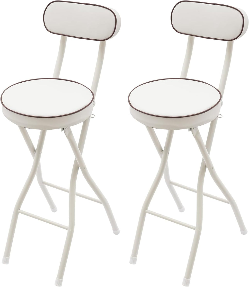 Folding Stool with Back, 25.6 Inch Counter Height Foldable Stool, Round Leather Padded Portable Foldable Chair for Gardening Outdoor Indoor Kitchen Camping Shop Cafe (White, 2 Pack)