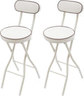 Folding Stool with Back, 25.6 Inch Counter Height Foldable Stool, Round Leather Padded Portable Foldable Chair for Gardening Outdoor Indoor Kitchen Camping Shop Cafe (White, 2 Pack)
