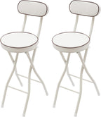 Folding Stool with Back, 25.6 Inch Counter Height Foldable Stool, Round Leather Padded Portable Foldable Chair for Gardening Outdoor Indoor Kitchen Camping Shop Cafe (White, 2 Pack)
