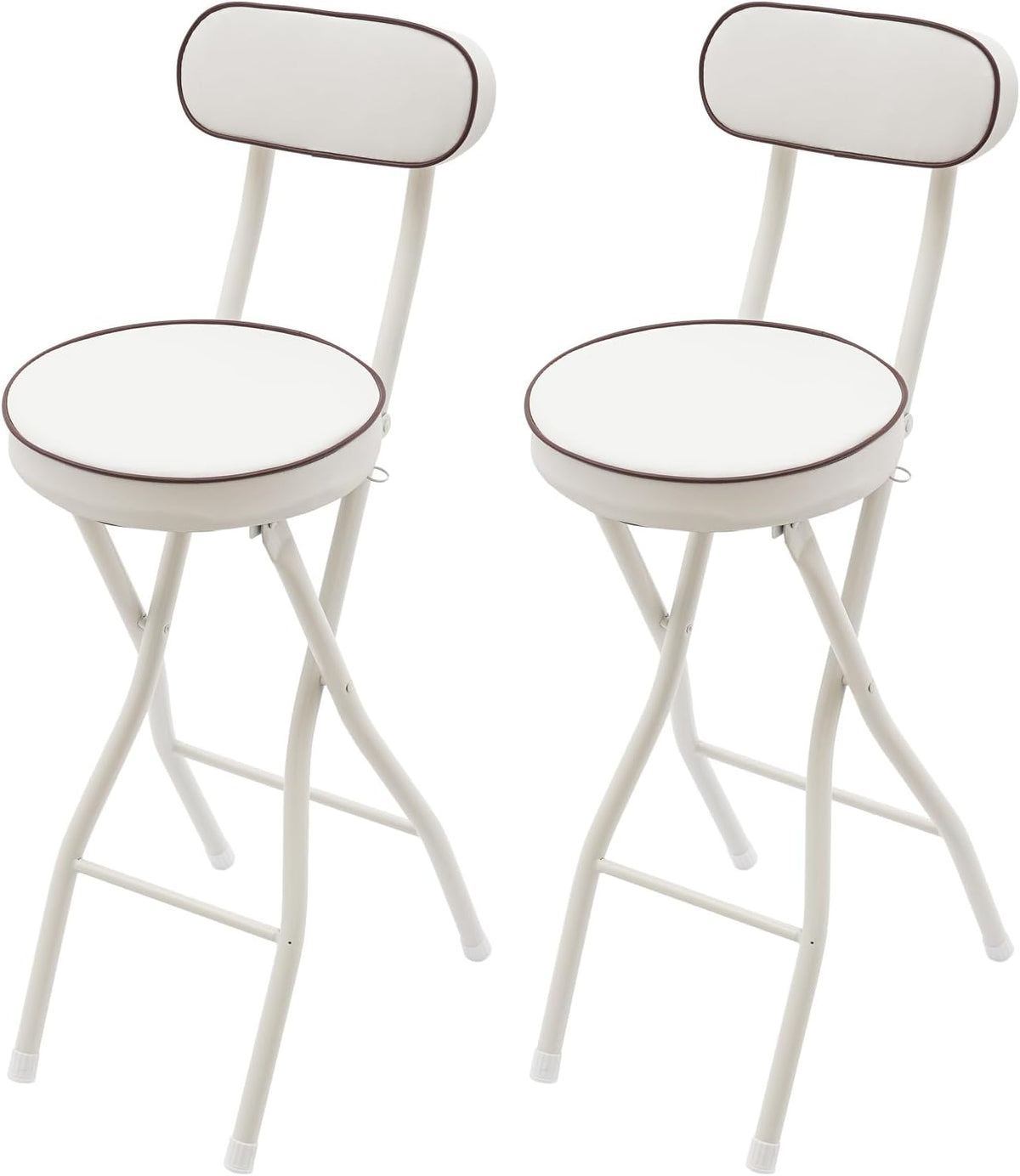 Folding Stool with Back, 25.6 Inch Counter Height Foldable Stool, Round Leather Padded Portable Foldable Chair for Gardening Outdoor Indoor Kitchen Camping Shop Cafe (White, 2 Pack)