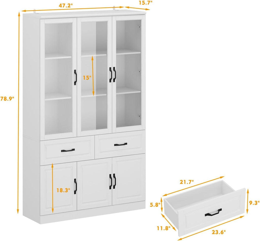 MOUMON Pantry Cabinet Kitchen Storage Cabinet with 3 Glass Doors, Kitchen Pantry with Shelves & 2 Drawers, White (47.2”W x 15.7”D x 78.7”H)