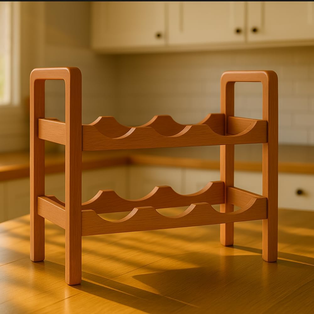 SAVUK Wine Rack 6 Bottle Countertop Bottle Rack Aesthetic 2 Tier Premium Wooden Freestanding Mini Bar and Home Bar Storage Aging Rack