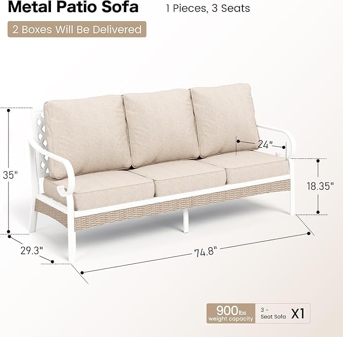 SUNSHINE VALLEY Metal Patio Furniture Sofa with 5.75" Extra Thick Cushion, 3-Seater Deep Seating & High-Back White Frame Outdoor Couch All Weather Outdoor Seating for Deck Gazebo Porch, Beige