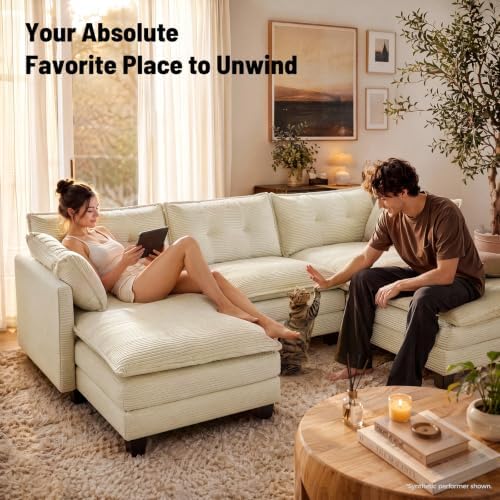 Amsleekey 111.5" U Shaped Modular Sectional Sofa, Beige Corduroy | Cloud Couch for Living Room, 3 Seater Deep Seat Convertible Sleeper Sofa with 2 Movable Ottomans and 2 Leg Height Options