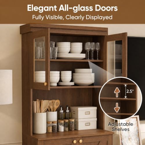 71" Farmhouse Kitchen Pantry Cabinet with Glass Doors & Drawers, Set of 3 – Dark Brown Freestanding Coffee Bar Hutch with Adjustable Shelves, Large Storage Cabinet with Microwave Stand for Kitchen