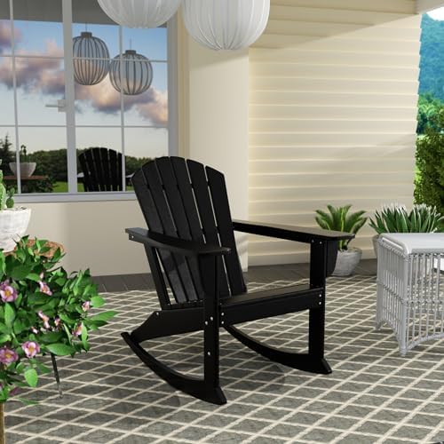 Costaelm Outdoor Adirondack Chair, All Weather Resistant Lawn Chairs Balcony Chair and Fire Pit Chairs, Deck Chairs Outdoor Porch Rocking Chair High Back HDPE Poly Lumber, Black