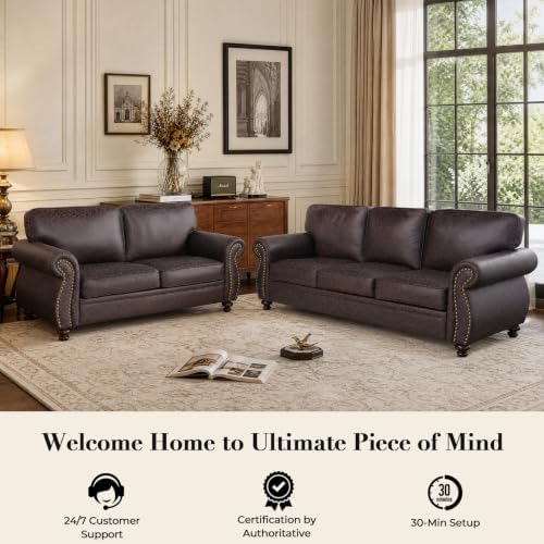 Couchus 88" W Living Room Furniture Sets, 3-Seater&Loveseat, Brown | Faux Leather Fabric Sofa and Couch Sets, Mid-Century Sofa Set with Nailhead Trim