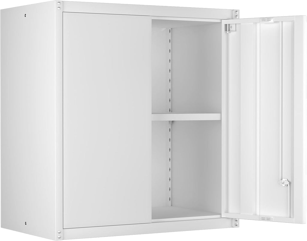 IRONFFICE Wall Cabinet,Metal Wall Cabinet for Garage with Lock,Metal Locking Storage Cabinet with Adjustable Shelf for Kitchen,Home Office,White