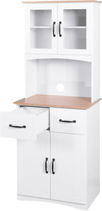 Wooden Kitchen Pantry Cabinet with Framed Glass Doors & Drawer – Microwave Storage Hutch with Adjustable Shelves & Anti-Topple Design