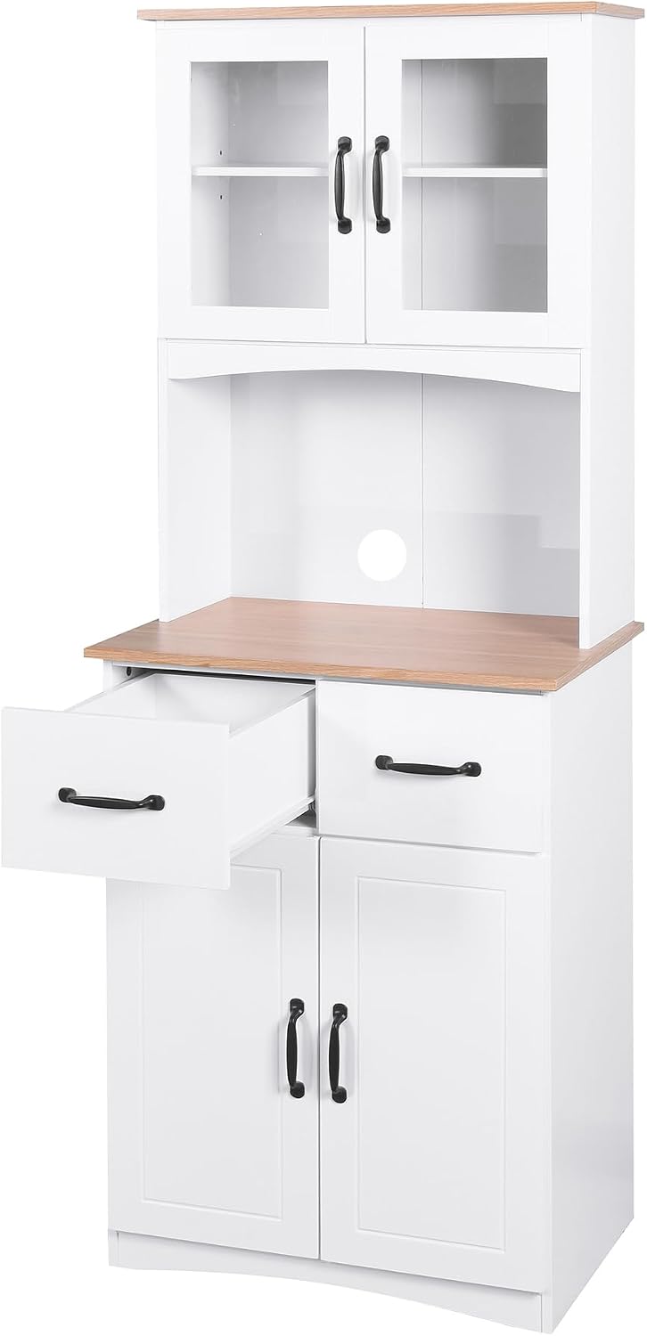 Wooden Kitchen Pantry Cabinet with Framed Glass Doors & Drawer – Microwave Storage Hutch with Adjustable Shelves & Anti-Topple Design