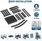 HDPE Rocking Chair Outdoor Set of 2 with Side Table, High Back Rocker | All Weather Resistant & Wood Textured Furniture for Patio Front Porch - Black