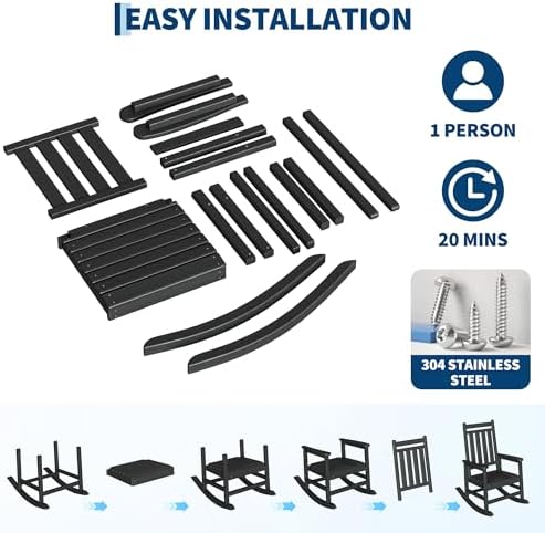 HDPE Rocking Chair Outdoor Set of 2 with Side Table, High Back Rocker | All Weather Resistant & Wood Textured Furniture for Patio Front Porch - Black