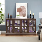 KEIKI Curio Cabinet, Lighted Glass Display Cabinet w/ 4 Glass Doors & Adjustable Shelves, Lighted Showcase with Light Strip, TV Stand, Cherry