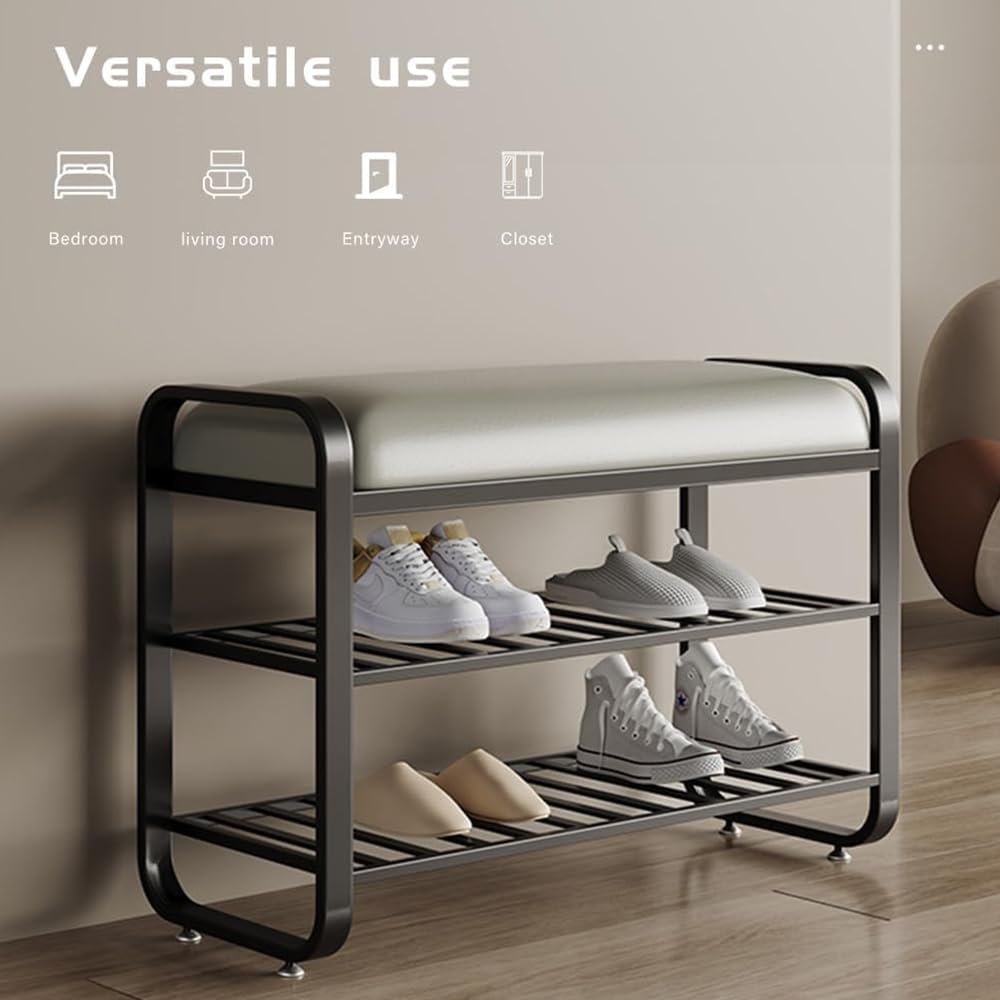 shoe bench,entryway bench with shoe storage,modern shoe rack bench with cushion upholstered padded seat 3 Tier metal shoe storage bench for entryway, hallway,front door (31.5*12.5*20.4, black)