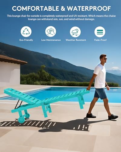 SERWALL HDPE Outdoor Chaise Lounge Set of 2 with Cup Holder & Wheels, Aruba | Weather-resistant chaise lounge resists fading, with 5-level adjustable back, cup holder and wheels.